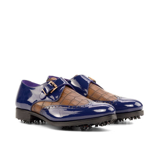 Ambrogio Bespoke Men's Shoes Cobalt Blue & Brown Crocodile Print / Patent Leather Monk-Strap Golf Loafers (AMB2267)-AmbrogioShoes