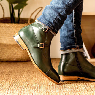 Ambrogio Bespoke Men's Shoes Green Calf-Skin Leather Octavian Buckle Boots (AMB2314)-AmbrogioShoes