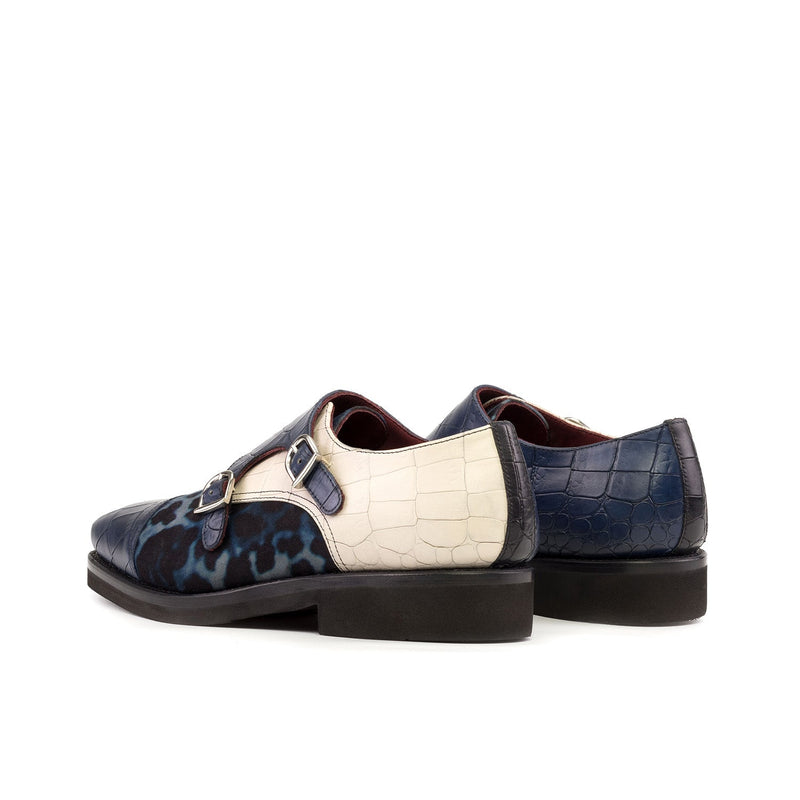 Ambrogio Bespoke Custom Men's Shoes White & Tri-Tone Blue Fabric / Crocodile Print / Calf-Skin Leather Sneakers (AMB1951)