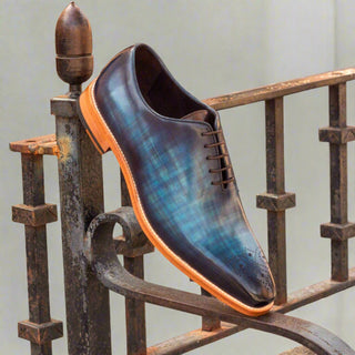 Ambrogio 2663 Men's Shoes Denim Blue & Brown Patina Leather Whole-Cut Oxfords (AMB1208)-AmbrogioShoes