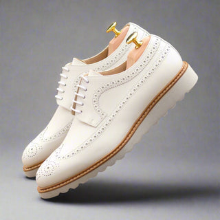 Ambrogio Men's Shoes White Calf-Skin Leather Wingtip Oxfords (AMB2069)-AmbrogioShoes