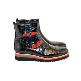 Corrente C033-5784 Men's Shoes Black Crocodile Print / Calf-Skin Leather Buckle Boots (CRT1204)-AmbrogioShoes