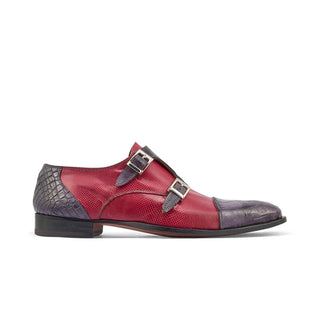 Mauri 4560/2 Madison Men's Shoes Charcoal Gray & Ruby Red Exotic Alligator / Karung Monk-Straps Loafers (MA5376)-AmbrogioShoes