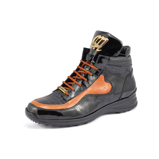 Mauri 8409 Hype Men's Shoes Black & Cognac Exotic Crocodile / Ostrich Leg / Patent Leather High-Top Sneakers (MA5406)-AmbrogioShoes