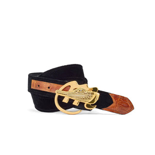 Mauri AB6 Men's Black & Mustard Exotic Crocodile / Velvet Embossed Belt (MAB1025)-AmbrogioShoes