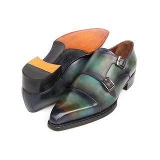 Paul Parkman 2598-5BG Men's Shoes Green & Blue Hand-Painted Leather Cap Toe Double Monkstraps Loafers (PM6395)-AmbrogioShoes