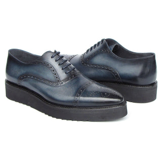 Paul Parkman 285-NVY-LTH Men's Shoes Navy Hand Painted Leather Casual Cap Toe Oxfords (PM6406)-AmbrogioShoes