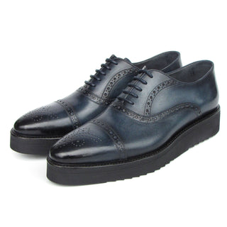 Paul Parkman 285-NVY-LTH Men's Shoes Navy Hand Painted Leather Casual Cap Toe Oxfords (PM6406)-AmbrogioShoes