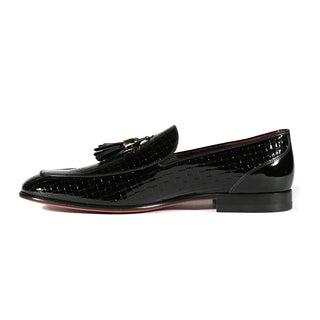 Valentino 19673 Men's Shoes Black Woven Patent Leather Tassels Loafers (VAL1005)-AmbrogioShoes